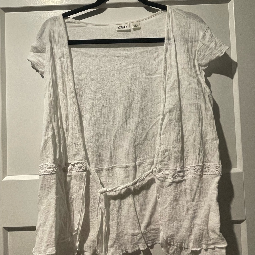 Cato White Short Sleeve Open Front Tie-Waist Tunic